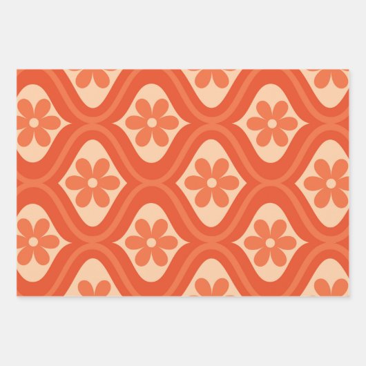 Orange Retro 70er Blume auf Ogemuster Geschenkpapier Set (Vorderseite)