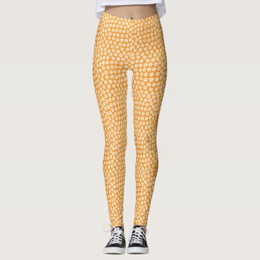 Orange Retro 70er Blume Leggings (Vorderseite)