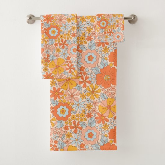 Orange Retro Blume Muster Badhandtuch Set (Insitu)