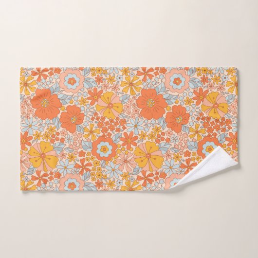 Orange Retro Blume Muster Badhandtuch Set (Handtuch)