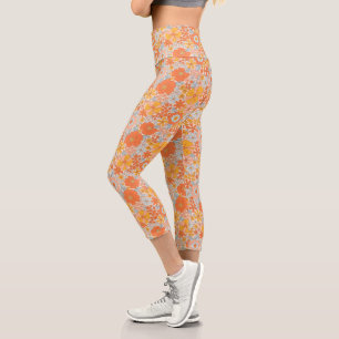 Orange Retro Blume Muster Capri Leggings