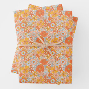 Orange Retro Blume Muster Geschenkpapier Set