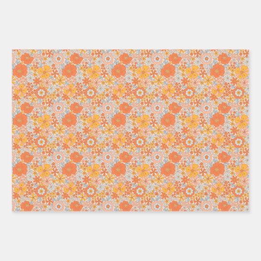 Orange Retro Blume Muster Geschenkpapier Set (Vorderseite)