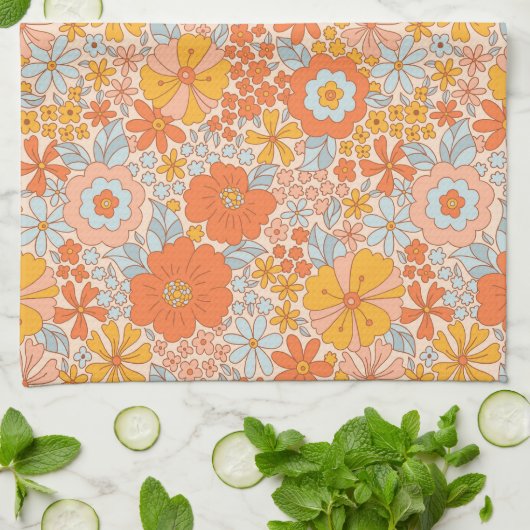 Orange Retro Blume Muster Geschirrtuch (Gefaltet)