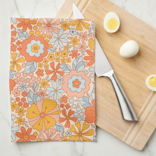 Orange Retro Blume Muster Geschirrtuch (Viertel Falte)