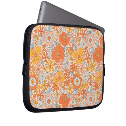 Orange Retro Blume Muster Laptopschutzhülle (Vorne Rechts)