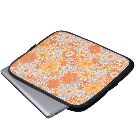 Orange Retro Blume Muster Laptopschutzhülle (Vorne Knopf)