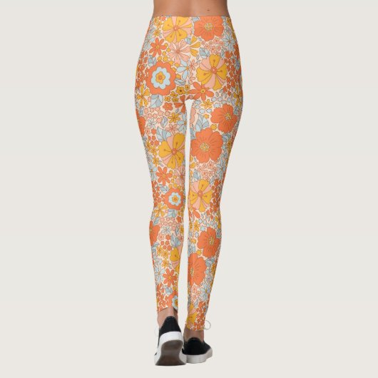 Orange Retro Blume Muster Leggings (Rückseite)