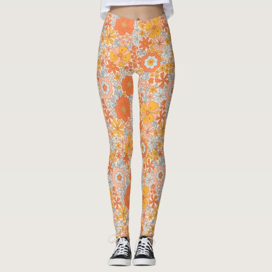 Orange Retro Blume Muster Leggings (Vorderseite)