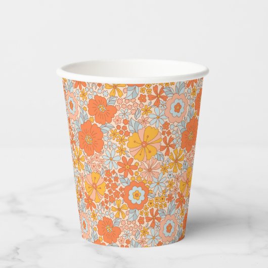 Orange Retro Blume Muster Pappbecher (Vorderseite)