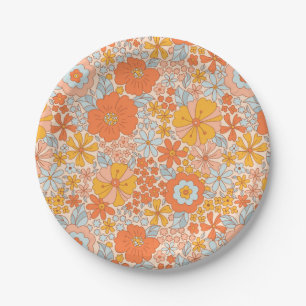 Orange Retro Blume Muster Pappteller