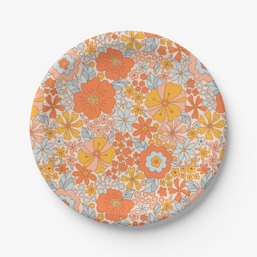 Orange Retro Blume Muster Pappteller (Vorderseite)