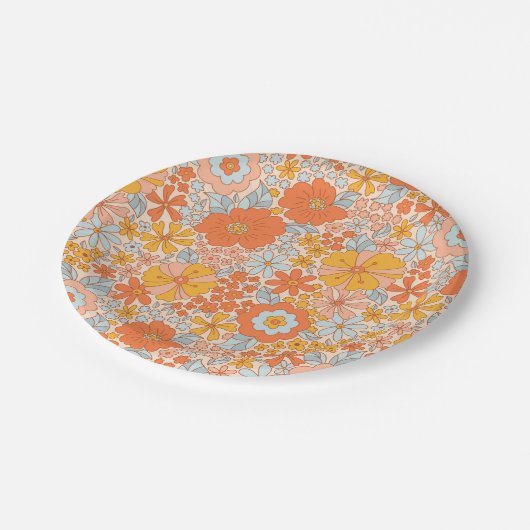Orange Retro Blume Muster Pappteller (Schrägansicht)