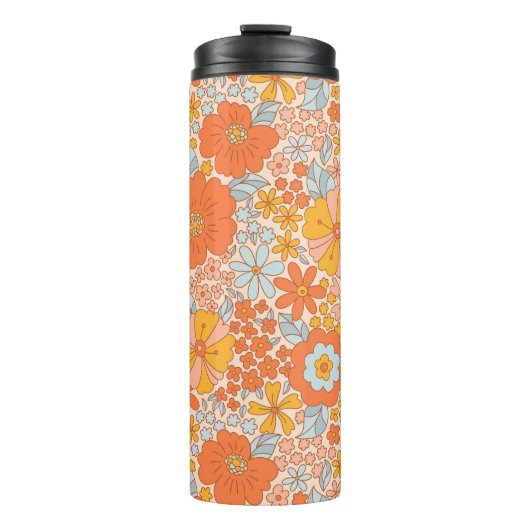 Orange Retro Blume Muster Thermosbecher (Vorderseite)
