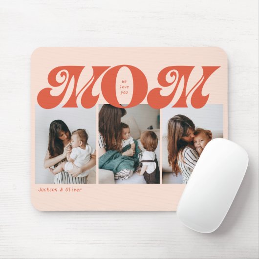 Orange Retro Bold Mom 3 Foto Collage Mousepad (Mit Mouse)