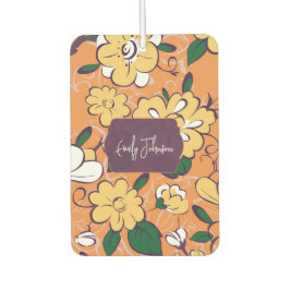 Orange Retro Botanical Yellow Flowers Custom Name Autolufterfrischer