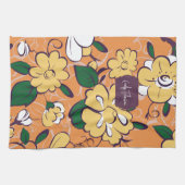 Orange Retro Botanical Yellow Flowers Custom Name Geschirrtuch (Horizontal)