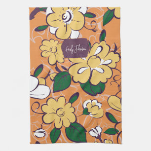 Orange Retro Botanisch Gelbe Blumen Benutzerdefini Geschirrtuch