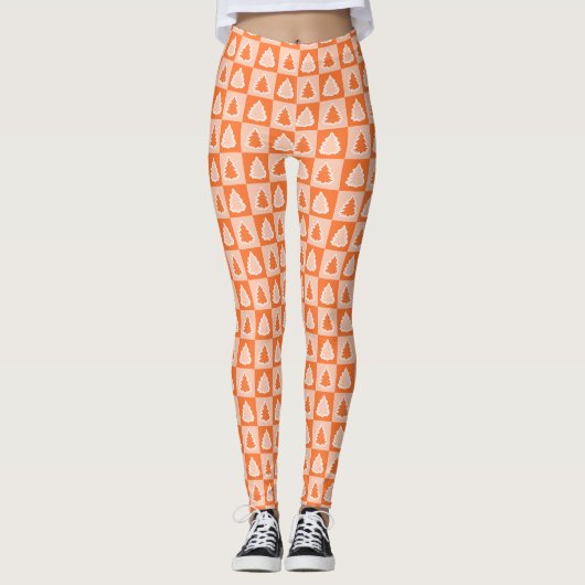 Orange Retro Christmas Tree Orange Tartan Kariert Leggings (Vorderseite)