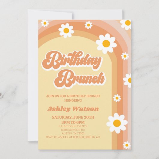 Orange Retro Daisy Blume Birthday Brunch Party Einladung (Vorderseite)