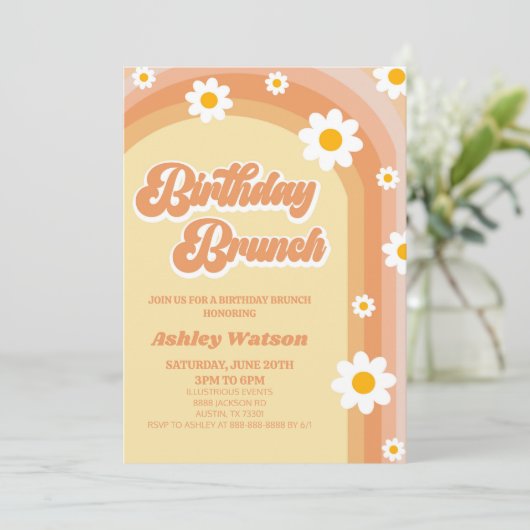 Orange Retro Daisy Blume Birthday Brunch Party Einladung (Stehend Vorderseite)