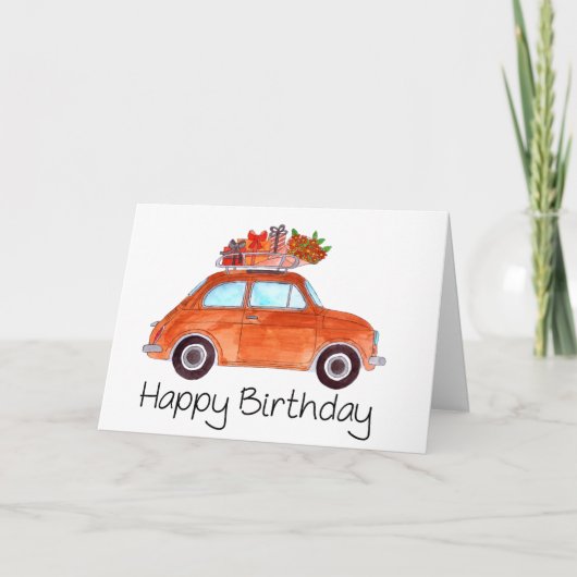 Orange Retro Fiat 500 Geburtstag Karte (Vorderseite)