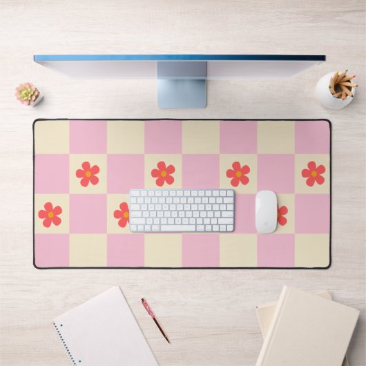 Orange Retro Groovy Daisy Blume & Pink Checkered Schreibtischunterlage (Büro 1)