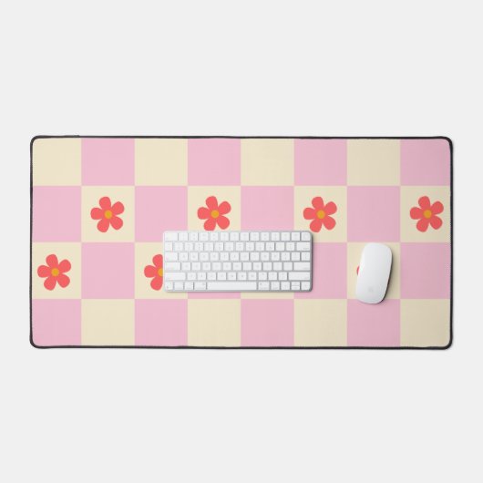 Orange Retro Groovy Daisy Blume & Pink Checkered Schreibtischunterlage (Tastatur & Maus)