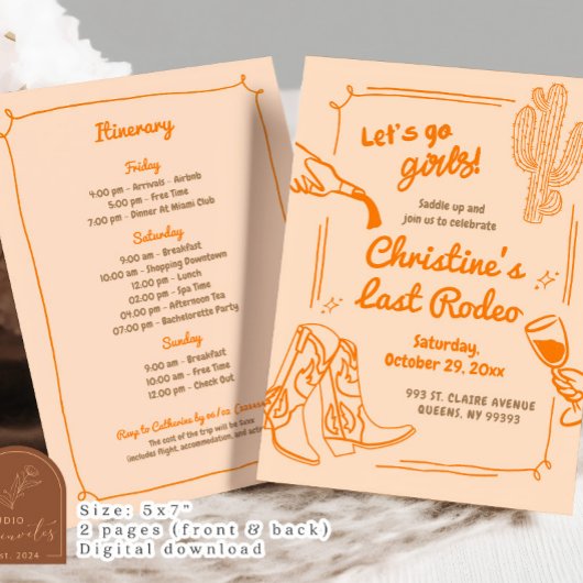 Orange Retro Last Rodeo Cowgirl Junggeselinnen-Abs Einladung