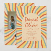 Orange Retro Line mit Foto Wedding Einladung (Vorne/Hinten)