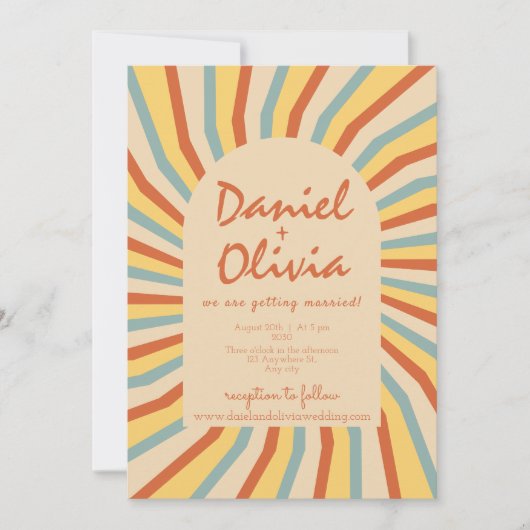 Orange Retro Line mit QR Wedding Einladung (Vorderseite)