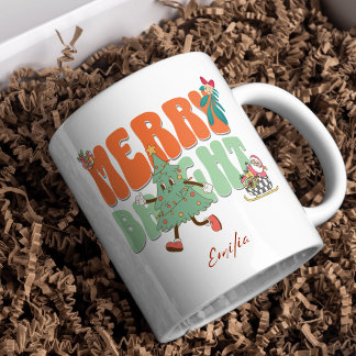 Orange Retro Merry Bright Individuelle Name Weihna Tasse