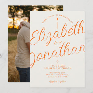 Orange Retro Moderne Fette Skript Foto Hochzeit Einladung