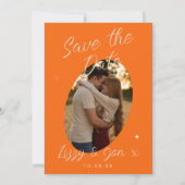 Orange Retro Moderne Fette Skript Foto Hochzeit Save The Date (Rückseite)