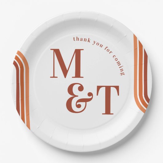 Orange Retro Seventies Streifen | Hochzeitsmonogra Pappteller (Vorderseite)