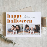 Orange Retro Typografie Happy Halloween Zwei Foto Feiertagskarte<br><div class="desc">Glückliches Halloween! Versenden Sie Halloween-Grüße an Familie und Freunde mit dieser anpassbaren Halloween-Foto-Karte. Es zeichnet sich durch Retro-fett Typografie aus. Personalisieren Sie diese,  indem Sie Ihre Daten hinzufügen. Diese benutzerdefinierte Halloween-Karte ist auf anderen Karten erhältlich. Matching-Elemente sind verfügbar.</div>