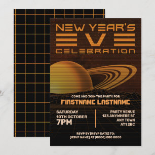 Orange Retrowave New Year Party Einladung
