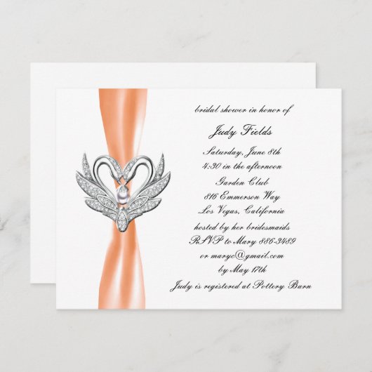 Orange Ribbon Silver Swan Bridal Dusche Einladung (Vorne/Hinten)