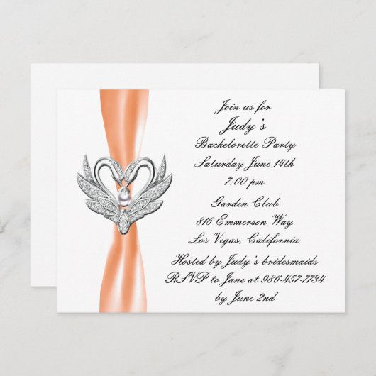 Orange Ribbon Silver Swans Junggeselinnen-Abschied Einladung (Vorne/Hinten)