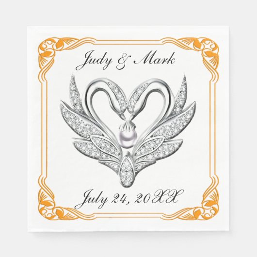 Orange Ribbon Silver Swans Paper Napkins Serviette (Vorderseite)