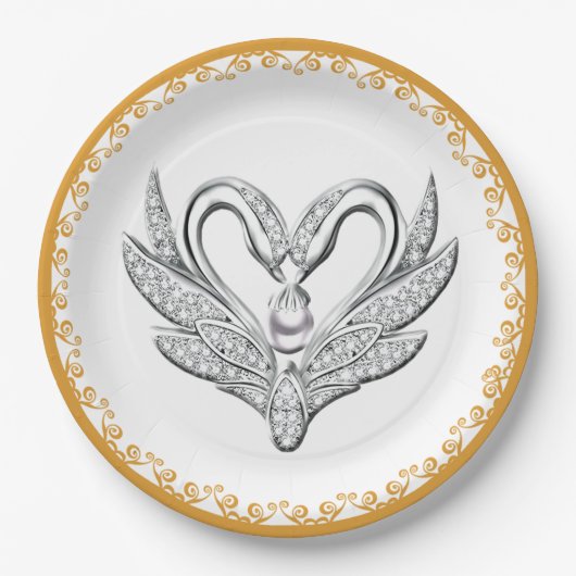 Orange Ribbon Silver Swans Papierplatte Pappteller (Vorderseite)
