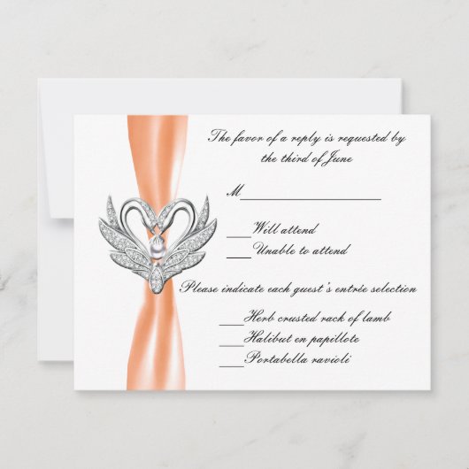 Orange Ribbon Silver Swans Response Card RSVP Karte (Vorderseite)