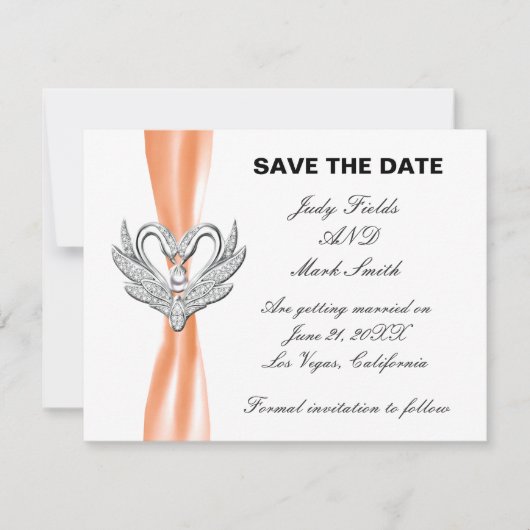 Orange Ribbon Silver Swans Save the Date Card Einladung (Vorderseite)