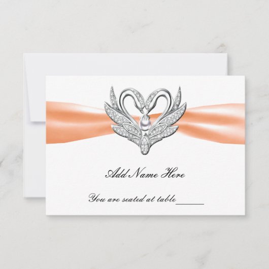 Orange Ribbon Silver Swans Table Platzkarte (Vorderseite)