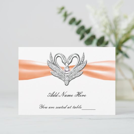Orange Ribbon Silver Swans Table Platzkarte (Stehend Vorderseite)
