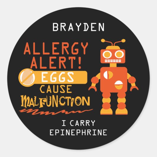 Orange Robot Egg Allergie Alert Personalisiert Runder Aufkleber (Vorderseite)