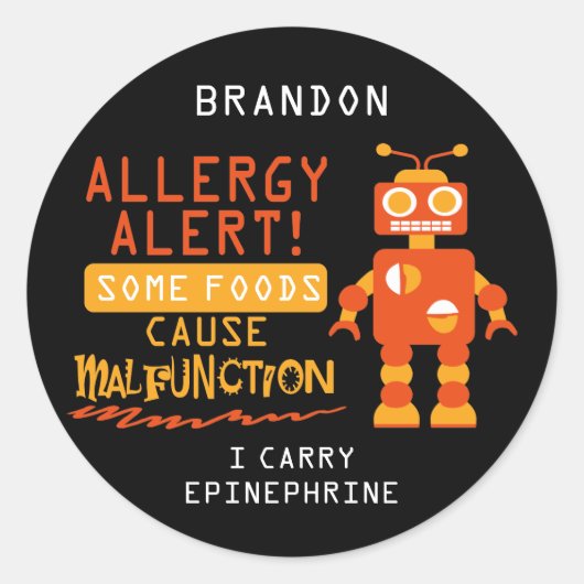 Orange Robot Food Allergy Alert Stickers (Vorderseite)