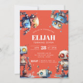 Orange Robots Tech Gear Builder Birthday Party Einladung (Vorderseite)