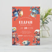 Orange Robots Tech Gear Builder Birthday Party Einladung (Stehend Vorderseite)