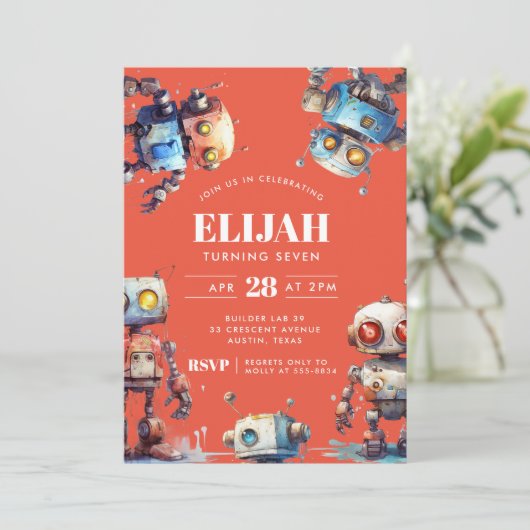 Orange Robots Tech Gear Builder Birthday Party Einladung (Stehend Vorderseite)